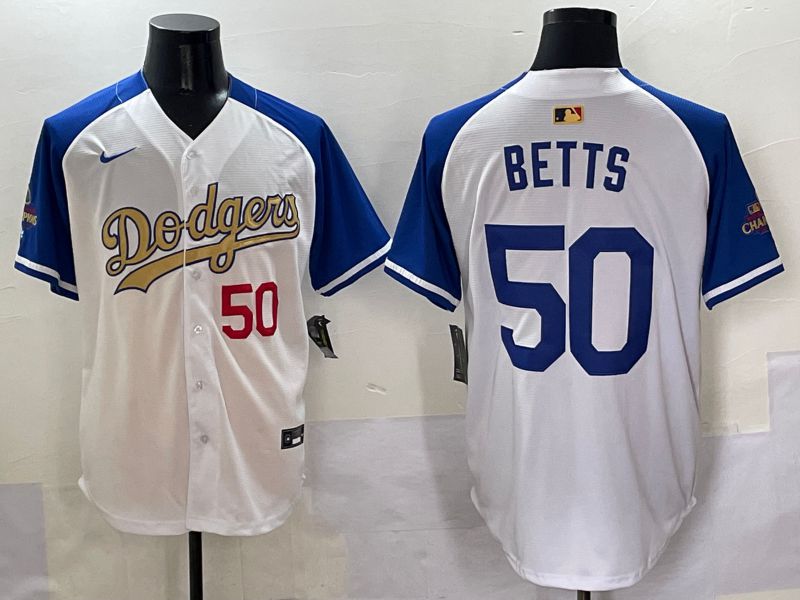 Men Los Angeles Dodgers #50 Betts White Blue Champion gold character Nike 2025 MLB Jersey style 5052->los angeles dodgers->MLB Jersey